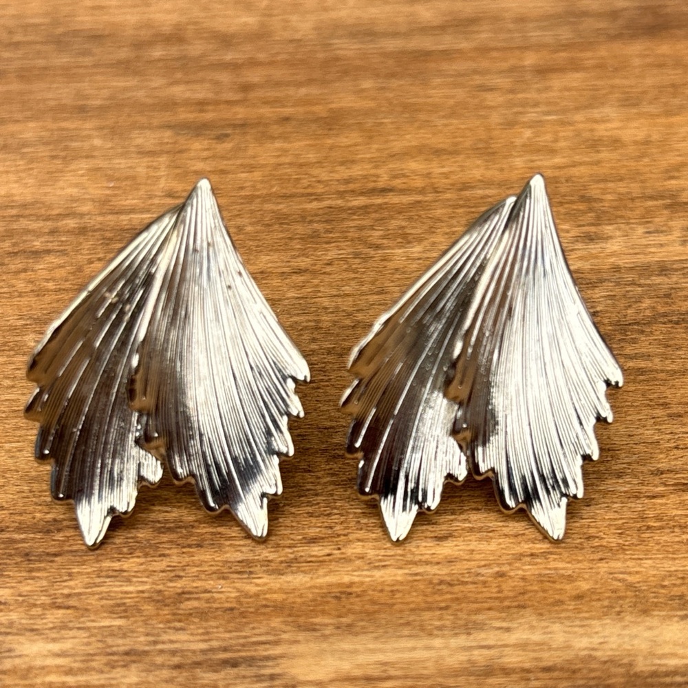 Silver Leaf-Textured Statement Earrings - Women Jewelry